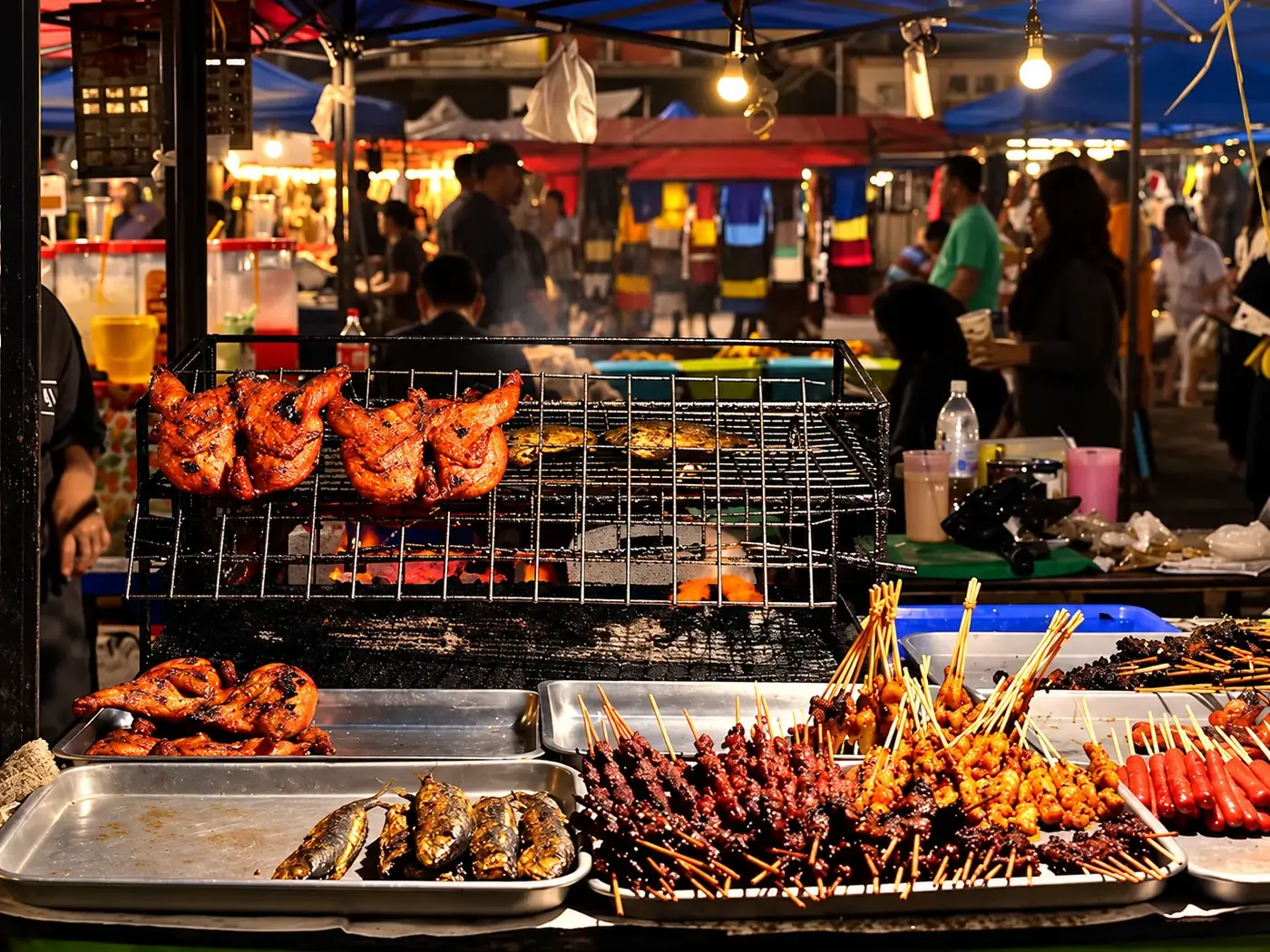 Grilled skewers on a stainless steel tray